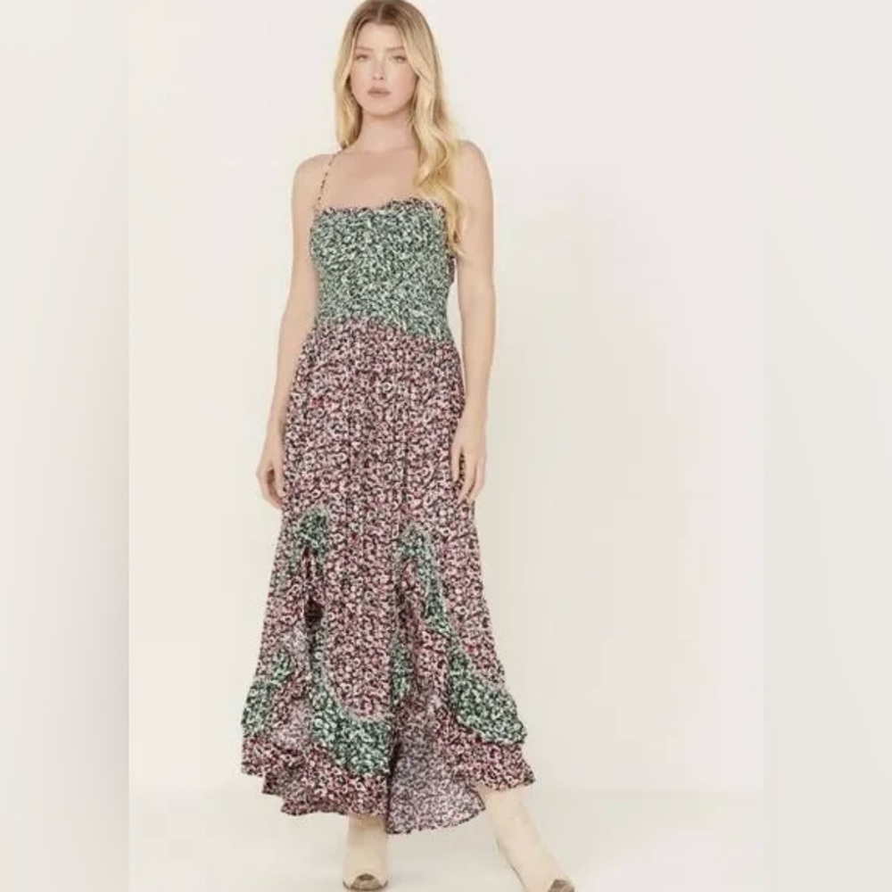Free People Finer Things Midi Dress Pink Green Floral Smocked Cross Back Tie Med